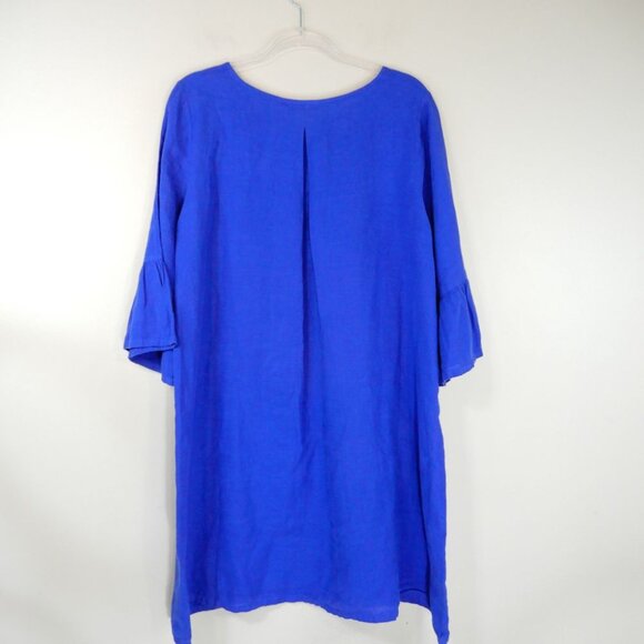 BRYN WALKER Phryne Shift DRESS Blue LINEN S M L Ruffled Bell Sleeve NEW $203 - Picture 6 of 7